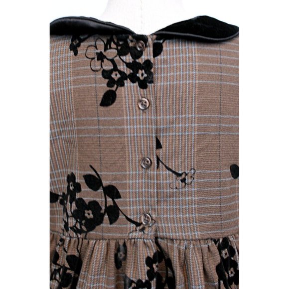 Laura Ashley London Girls Dress Brown Plaid Black Velvet Collar & Flowers Sz 6 - Picture 6 of 10